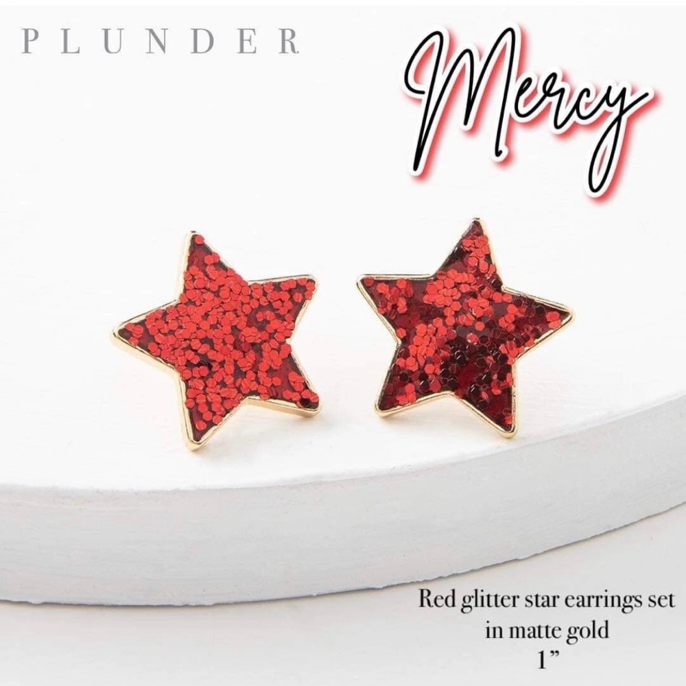 Plunder Christmas 4th of July Red Star Glitter Earrings